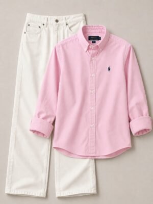 COMBO DEAL [ BABY PINK SHIRT AND OFF WHITE SEMI BAGGY PENT ]