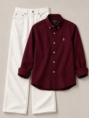 COMBO DEAL [ MARRON SHIRT AND OFF WHITE SEMI BAGGY PENT ]