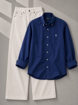 COMBO DEAL [ NAVY BLUE SHIRT AND OFF WHITE SEMI BAGGY PENT ]