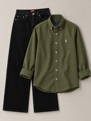 COMBO DEAL [ OLIVE GREEN SHIRT AND BLACK SEMI BAGGY PENT ]