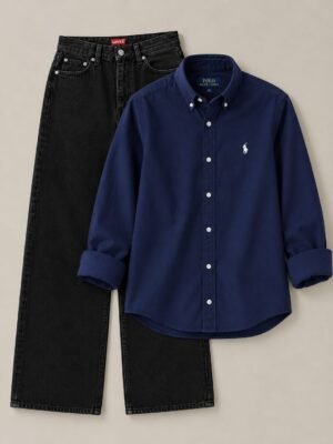 COMBO DEAL [ NAVY BLUE SHIRT AND BLACK SEMI BAGGY PENT ]