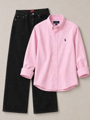 COMBO DEAL [ BABY PINK SHIRT AND BLACK SEMI BAGGY PENT ]